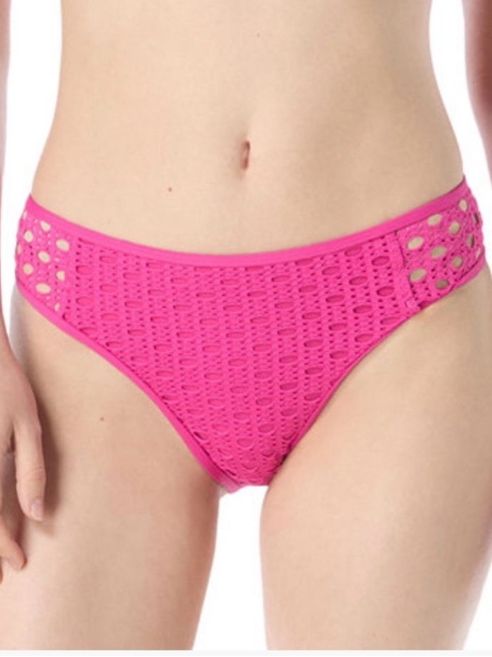 Carmen Marc Valvo Women's Pink See-Through Side Crochet Bikini Bottom, Medium